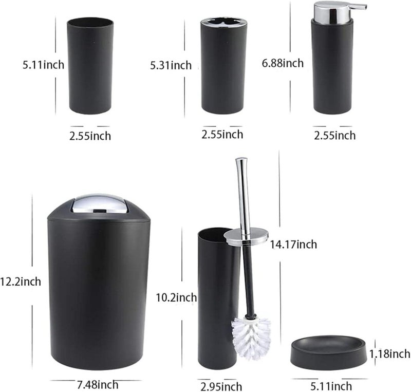 كلاراكو مجموعة إكسسوارات الحمام المكونة من 6 قطع، فرشاة المرحاض، سلة المهملات، طبق الصابون، حامل فرشاة الأسنان، موزع الصابون، كوب الشطف باللون الأسود، كما هو موضح - Image 3