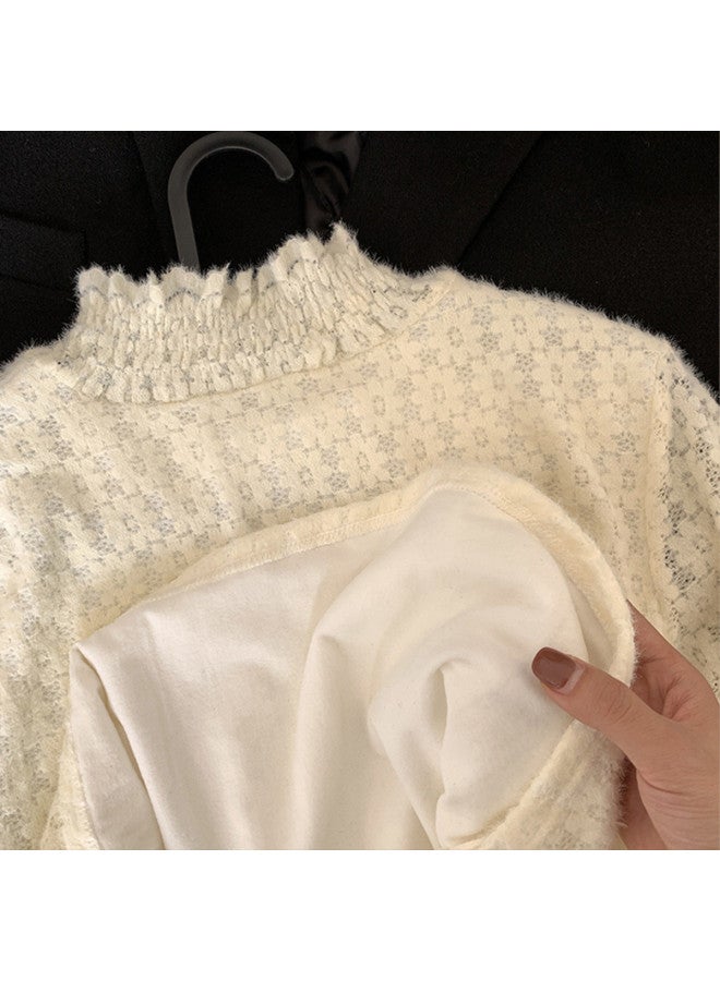 Modal Semi-Turtleneck Lace Blouse Women Autumn Winter Elegant Hollowed Out Brushed Fleece Lined Base Layer French Retro High-End Top - Image 3