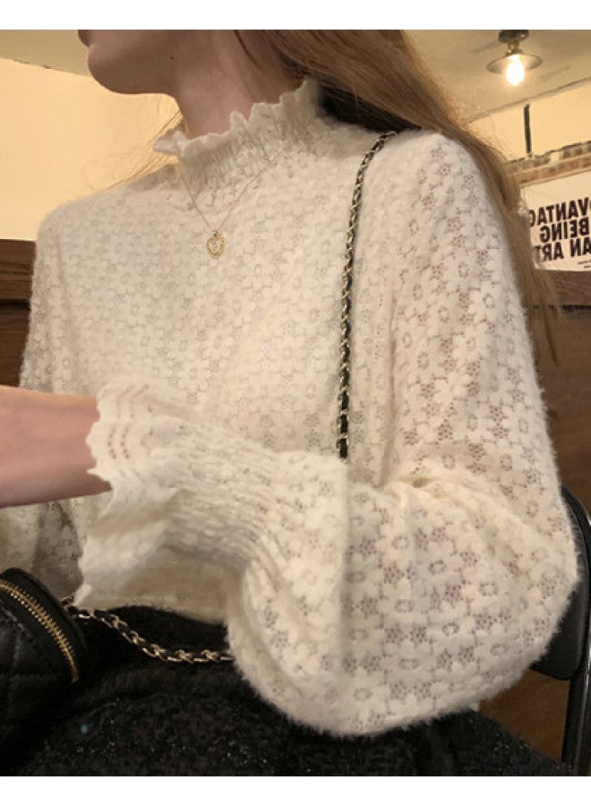 Modal Semi-Turtleneck Lace Blouse Women Autumn Winter Elegant Hollowed Out Brushed Fleece Lined Base Layer French Retro High-End Top - Image 1