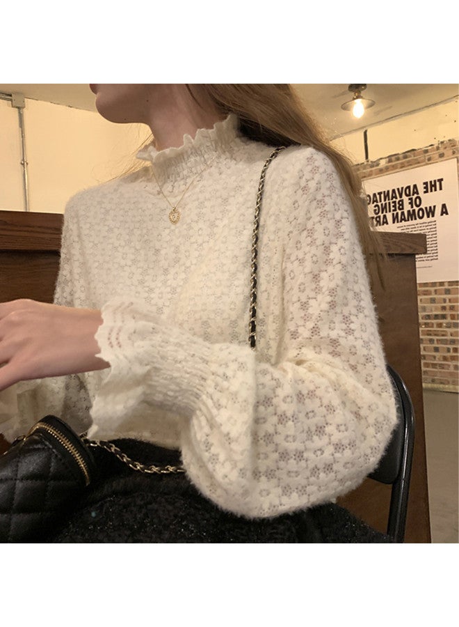 Modal Semi-Turtleneck Lace Blouse Women Autumn Winter Elegant Hollowed Out Brushed Fleece Lined Base Layer French Retro High-End Top - Image 2