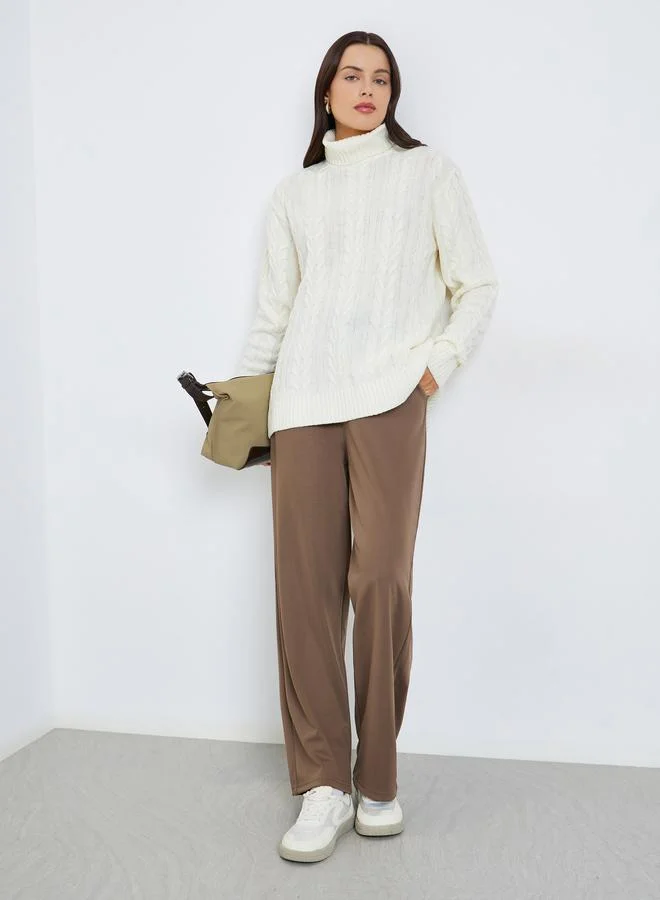 Styli Off White Cable Knit Roll Neck Sweater