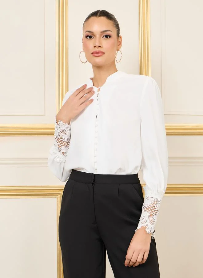 Styli Lace Cuff Sleeves Button Loop Closure Blouse
