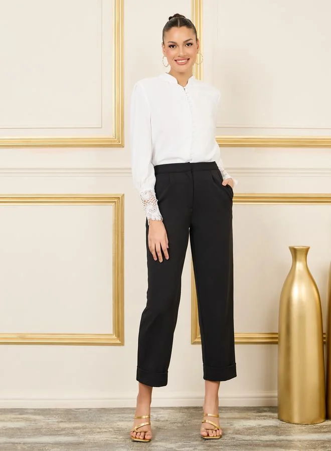 Styli Lace Cuff Sleeves Button Loop Closure Blouse