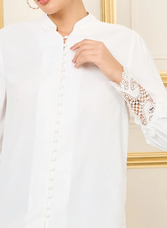 Styli Lace Cuff Sleeves Button Loop Closure Blouse