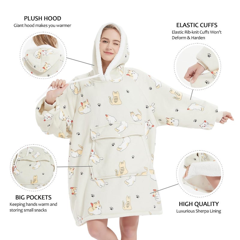 Qeils Qeils Oversized Wearable Blanket Hoodie | Comfy Sherpa Sweatshirt Pullover Jacket Gifts for Adults Mom Wife Girlfriend Men (Large Pocket  Cat-02  Adult)  - Image 2