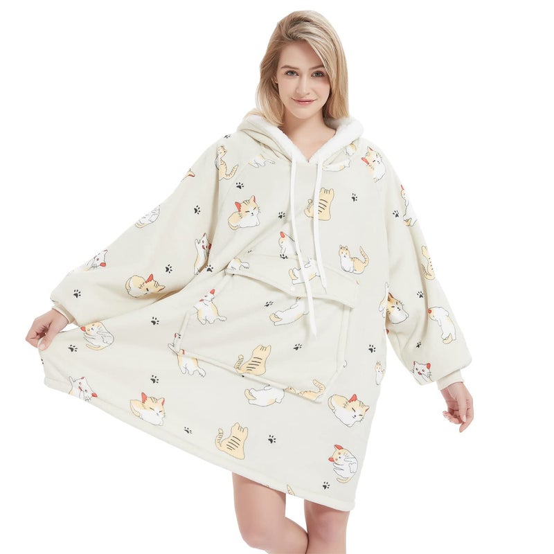 Qeils Qeils Oversized Wearable Blanket Hoodie | Comfy Sherpa Sweatshirt Pullover Jacket Gifts for Adults Mom Wife Girlfriend Men (Large Pocket  Cat-02  Adult)  - Image 4