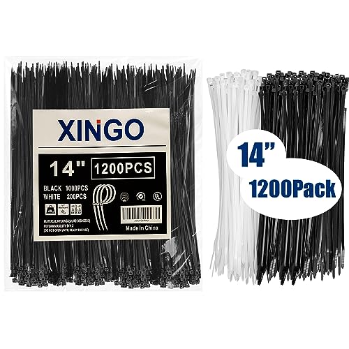 XINGO 14 inch Zip Ties 1200 PCS, Black Zip Ties 1000 Pack +White 200 Pack, with 40lb Tensile Strength, UV Resistant Cable Ties, Premium Self-locking Plastic Ties for Indoor and Outdoor Use - Image 1