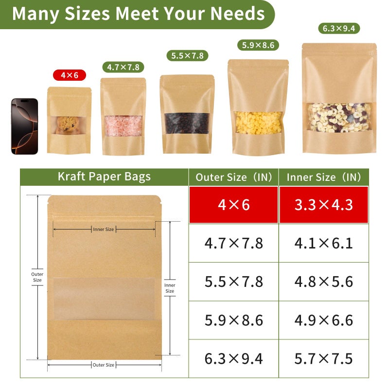 Motomy 50 Pcs 4x6 Inch Kraft Paper Bags with Transparent Window, Stand Up Pouches,Smell Proof Bags,Resealable Bags for Small Business, Zipper Food Storage,for Packaging Snacks Cookies Candy - Image 3