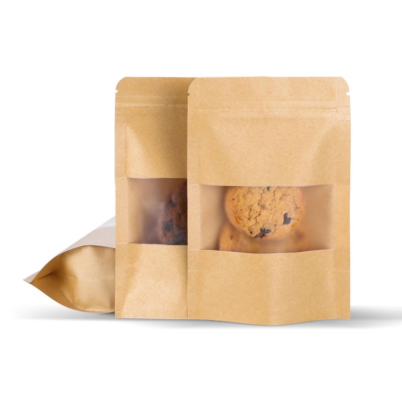 Motomy 50 Pcs 4x6 Inch Kraft Paper Bags with Transparent Window, Stand Up Pouches,Smell Proof Bags,Resealable Bags for Small Business, Zipper Food Storage,for Packaging Snacks Cookies Candy - Image 1