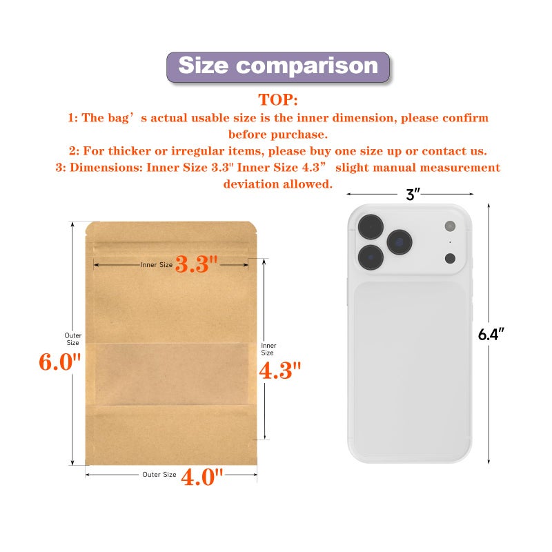 Motomy 50 Pcs 4x6 Inch Kraft Paper Bags with Transparent Window, Stand Up Pouches,Smell Proof Bags,Resealable Bags for Small Business, Zipper Food Storage,for Packaging Snacks Cookies Candy - Image 2