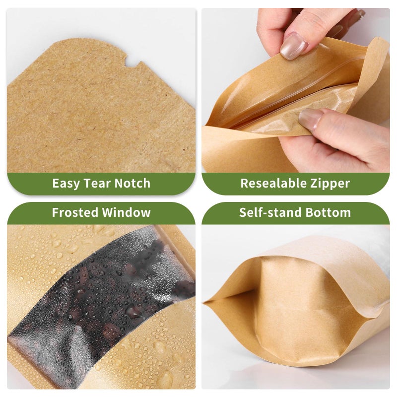 Motomy 50 Pcs 4x6 Inch Kraft Paper Bags with Transparent Window, Stand Up Pouches,Smell Proof Bags,Resealable Bags for Small Business, Zipper Food Storage,for Packaging Snacks Cookies Candy - Image 5
