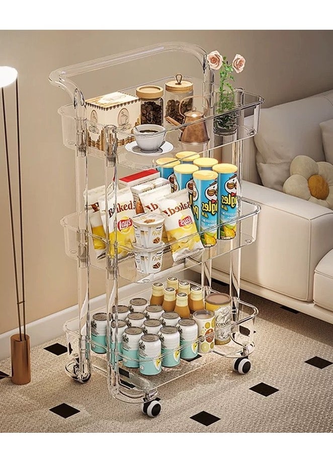 Acrylic rolling cart organizer made up of flying shelves with clear levels