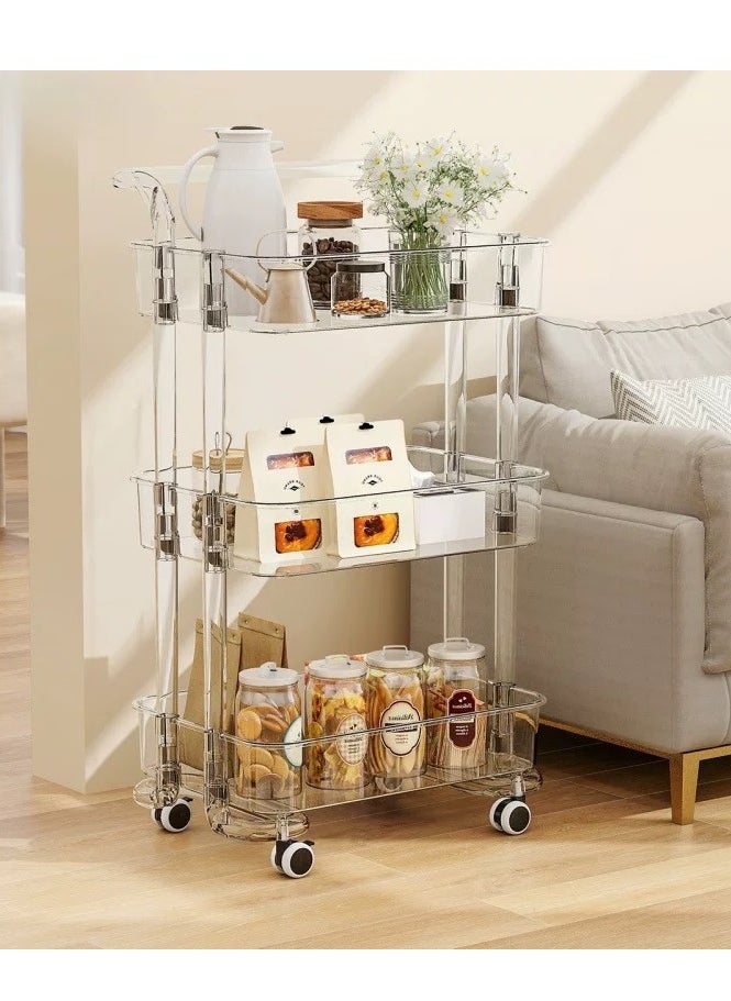 Acrylic rolling cart organizer made up of flying shelves with clear levels