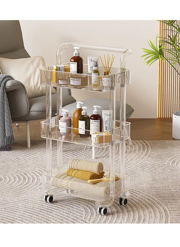 Acrylic rolling cart organizer made up of flying shelves with clear levels