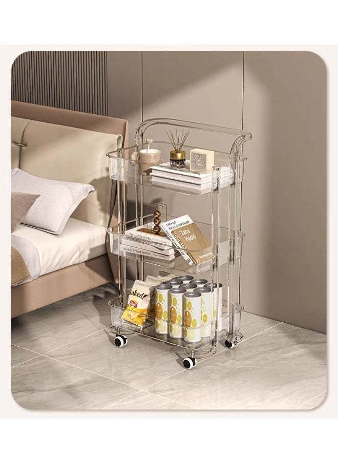 Acrylic rolling cart organizer made up of flying shelves with clear levels