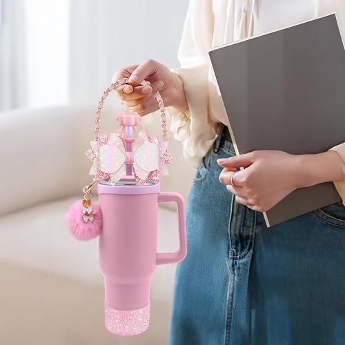 SEMATA Bling Stanley Cup Accessories for 40oz & 30oz Tumbler including Silicone Cute Bow Straw Topper Cover, Silicone Stanley Cup Boot,Leather Water Bottle Handle Strap, Charms(Pink) - Image 4