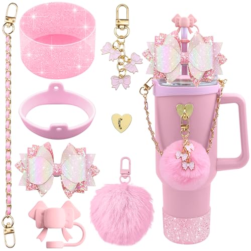 SEMATA Bling Stanley Cup Accessories for 40oz & 30oz Tumbler including Silicone Cute Bow Straw Topper Cover, Silicone Stanley Cup Boot,Leather Water Bottle Handle Strap, Charms(Pink) - Image 1