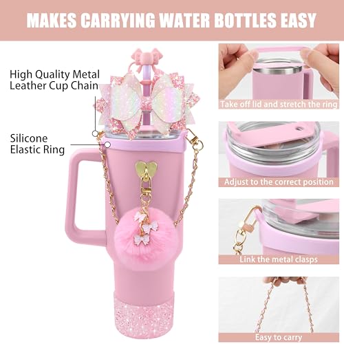 SEMATA Bling Stanley Cup Accessories for 40oz & 30oz Tumbler including Silicone Cute Bow Straw Topper Cover, Silicone Stanley Cup Boot,Leather Water Bottle Handle Strap, Charms(Pink) - Image 2