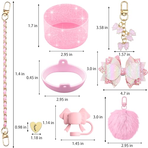 SEMATA Bling Stanley Cup Accessories for 40oz & 30oz Tumbler including Silicone Cute Bow Straw Topper Cover, Silicone Stanley Cup Boot,Leather Water Bottle Handle Strap, Charms(Pink) - Image 3