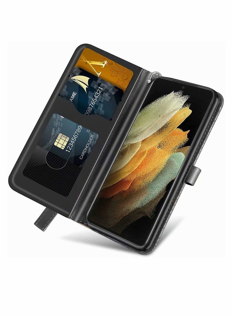 Excefore Wallet Case for Samsung Galaxy S21 Ultra Embossed Tree Premium PU Leather [Folio Flip][Kickstand][Card Slots][Wrist Strap][6.8 inches] Cover for Samsung S21 Ultra Shockproof PC & TPU Bumper (Black) - Image 5