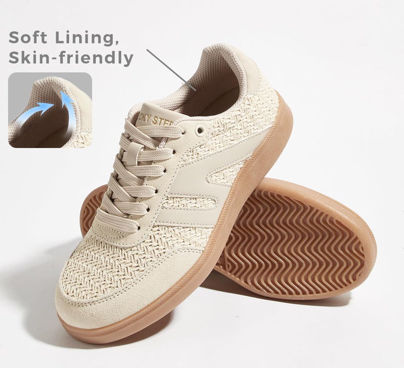 LUCKY STEP Women Classic Retro Gum Sole Fashion Sneakers Casual Tennis Skate Shoe Genuine Leather Walking Footwear Anti Slip Trainers(Beige/Grey W,9) - Image 4