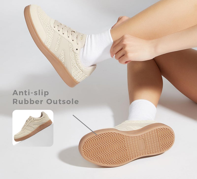 LUCKY STEP Women Classic Retro Gum Sole Fashion Sneakers Casual Tennis Skate Shoe Genuine Leather Walking Footwear Anti Slip Trainers(Beige/Grey W,9) - Image 3