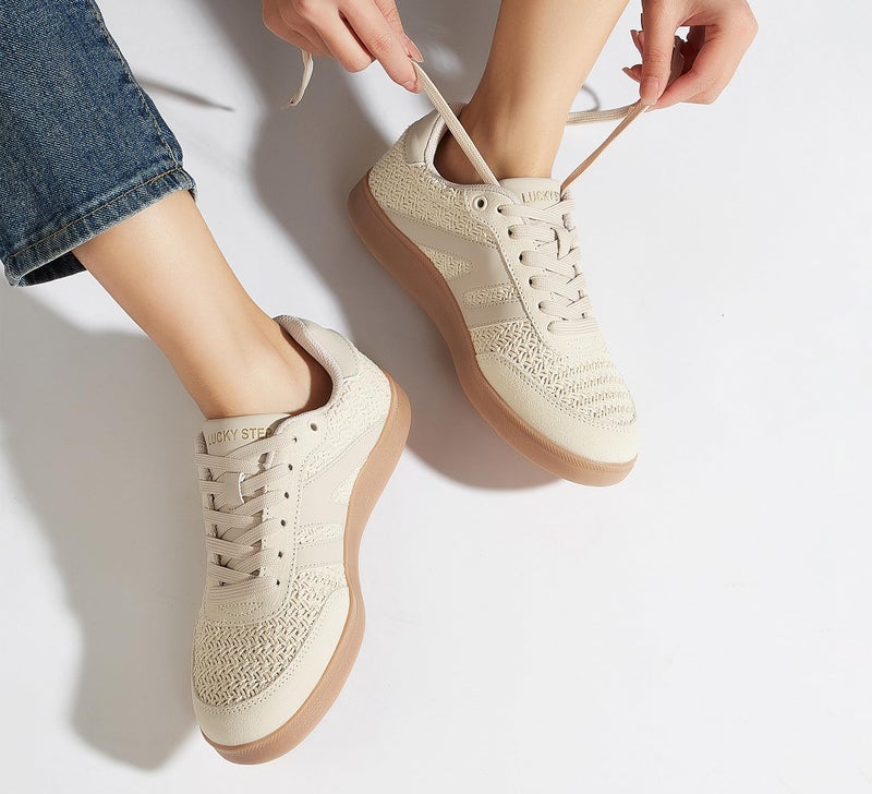 LUCKY STEP Women Classic Retro Gum Sole Fashion Sneakers Casual Tennis Skate Shoe Genuine Leather Walking Footwear Anti Slip Trainers(Beige/Grey W,9) - Image 2