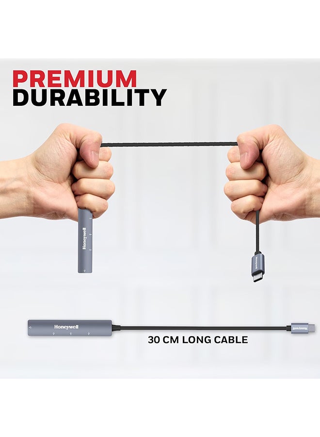 هوني ويل محور 4 في 1 من نوع C إلى 1 منفذ USB 3.0 و 3 منافذ USB 2.0 بطول 30 سم (1 قدم) سرعة نقل البيانات تصل إلى 5 جيجابت في الثانية متوافق عالميًا مع جميع أجهزة الكمبيوتر ومكبرات الصوت واللابتوب ومحركات الأقراص الصلبة ولوحات المفاتيح رمادي/أسود - Image 4