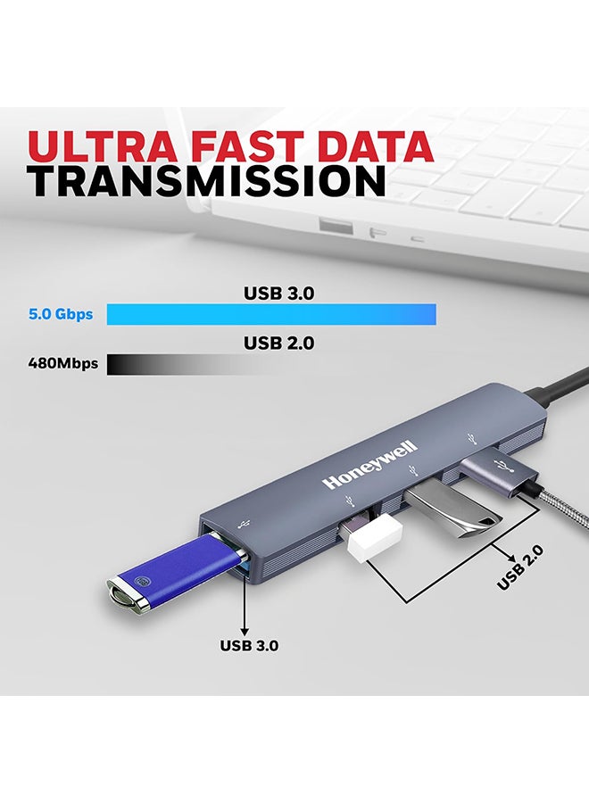 هوني ويل محور 4 في 1 من نوع C إلى 1 منفذ USB 3.0 و 3 منافذ USB 2.0 بطول 30 سم (1 قدم) سرعة نقل البيانات تصل إلى 5 جيجابت في الثانية متوافق عالميًا مع جميع أجهزة الكمبيوتر ومكبرات الصوت واللابتوب ومحركات الأقراص الصلبة ولوحات المفاتيح رمادي/أسود - Image 5