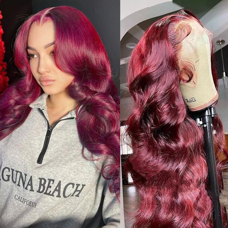 FASCARA 99J Burgundy Lace Front Wigs Human Hair Pre Plucked 13x4 body wave Lace Front Wigs Human Hair 180 Density Glueless Red Wig Red Wig for Black Women Red Wig 10018 Inch