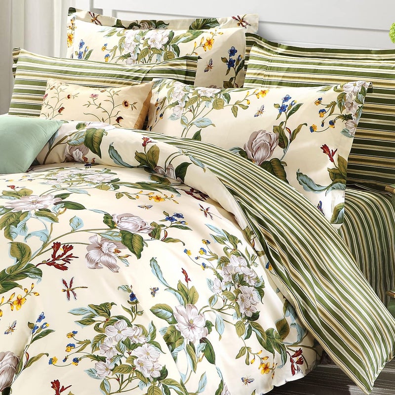FADFAY FADFAY Shabby Floral Bedding Set Queen Size 7Pcs 100 Cotton Green Cream Flower Bed Sheets with Duvet Cover Set Complete Bedding Bed in a Bag Vintage Countryside Ultra Soft Deep Pocket Fitted Sheets