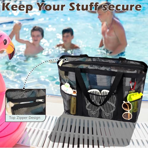 Fammart Mesh Beach Bag with Zipper, Large Beach Tote for Women, Toys Pool Swim Bag Travel Vacation Cruise Essentials, Large, Zipper Closure - Matte Black - Image 5