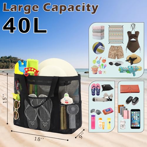 Fammart Mesh Beach Bag with Zipper, Large Beach Tote for Women, Toys Pool Swim Bag Travel Vacation Cruise Essentials, Large, Zipper Closure - Matte Black - Image 3