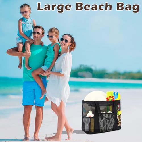 Fammart Mesh Beach Bag with Zipper, Large Beach Tote for Women, Toys Pool Swim Bag Travel Vacation Cruise Essentials, Large, Zipper Closure - Matte Black - Image 2
