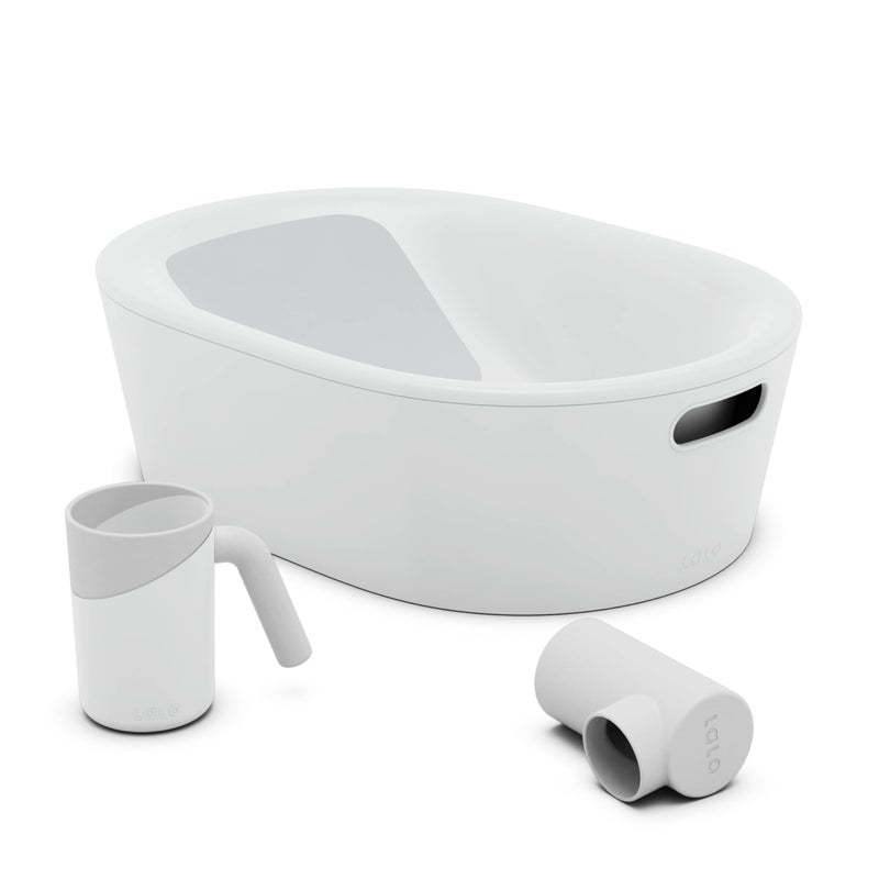 Lalo Bathtime Starter Kit - 3-Piece Set Includes Modern Baby Bathtub, Rinse Cup & Spout Cover - Safe, Easy to Clean Design for Newborns - 25.3 x 18 x 7.7 in, 10 lb - Coconut - Image 1