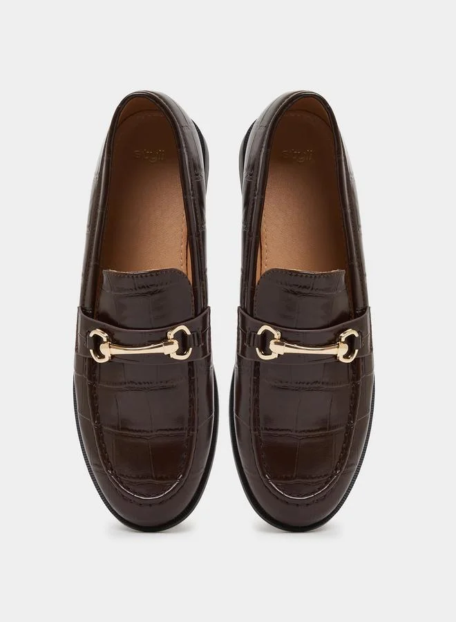 Styli Brown Brown Croc Textured Bit Loafers for Women | Best Price UAE