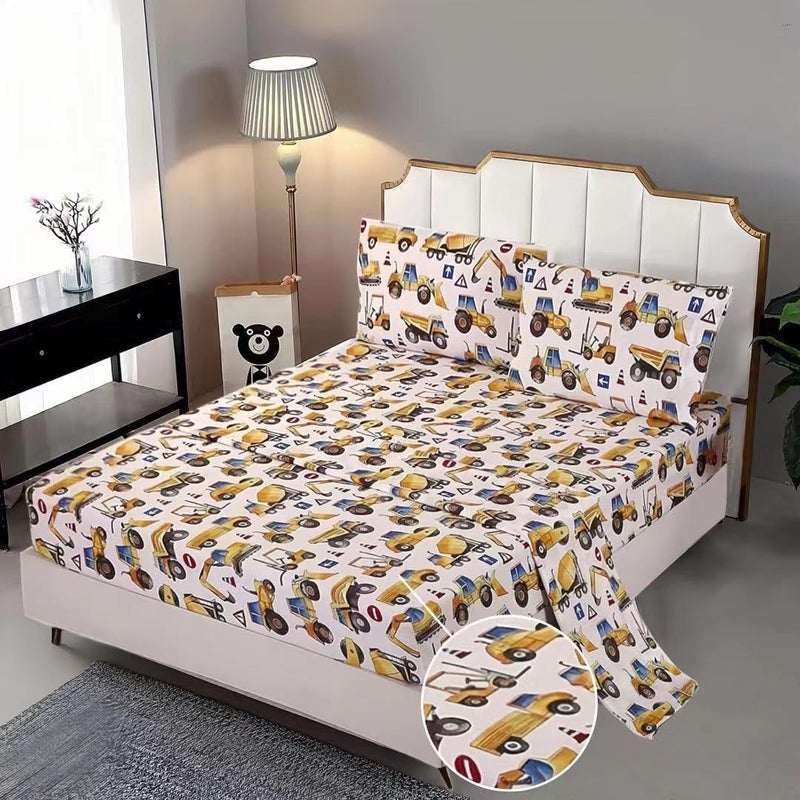 SDY SDY 4PCS Car Bedding Sheets Twin Size Construction Print Sheet Set Included 1 Fitted Sheet with 14 Deep Pocket  1 Top Flat Sheet  2 Pillowcases for Teens 