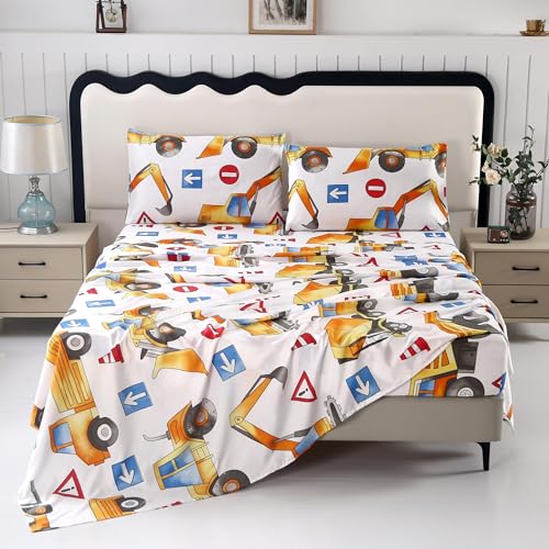 SDY 4PCS Construction Sheets TwinCute Cars Bed Set for Kids Boys GirlsSoft Tractor Sheets Included 1 FittedSheet with 14 Deep Pocket 1 Top FlatSheet 2 Pillowcases