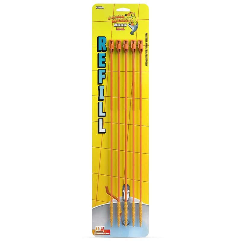 FlexiSnake Drain Weasel Refill Sink Snake Hair Clog Remover Tool Sink Pipe Bathroom Bathtub Drain Cleaner 18inch Long Flexible Disposable Wands Made in The USA 5 Pack