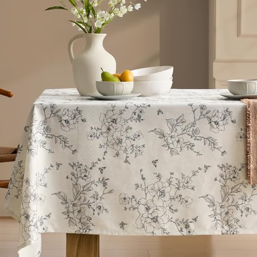 OMMATO Rustic Floral Tablecloths Rectangular 55x84 Inch Linen Tablecloth Farmhouse Vintage French Black Flowers Pattern Burlap Textured Outdoor Table Cover for Picnic,Dining,Party,Home Decor - Image 1