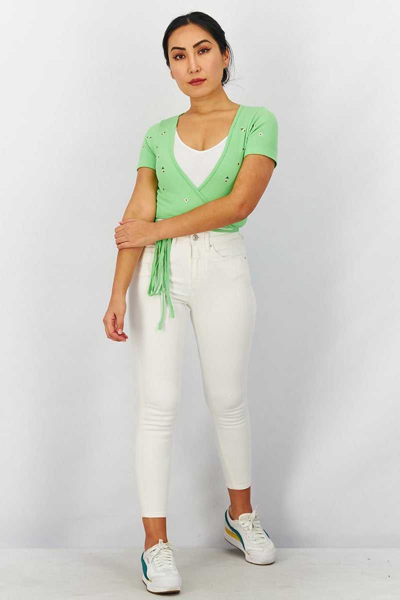 XOXO بلوزة قصيرة الأكمام ذات رقبة منخفضة للنساء، خضراء - Image 3