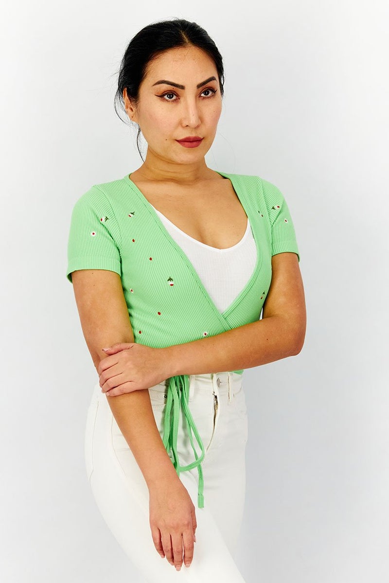 XOXO Women Plunging Neck Short Sleeve Ribbed Crop Top, Green - Image 2