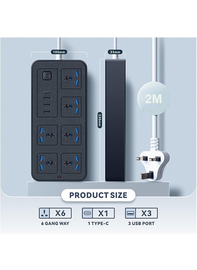 GKK - Universal Extension Lead with Multiple Function,UK Plug 3 Pin Socket Outlet with 6 Gang | 3 USB Port | 1 Type-C Port,200CM Electric Socket Mains Strip for Home,Kitchen,Travel,and Office (Black) - Image 1