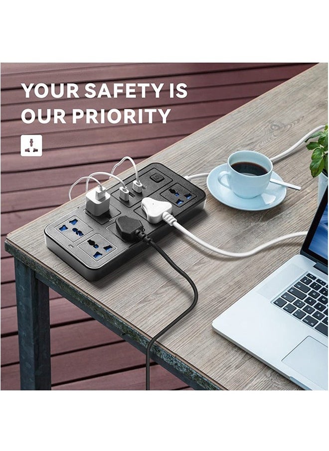 GKK - Universal Extension Lead with Multiple Function,UK Plug 3 Pin Socket Outlet with 6 Gang | 3 USB Port | 1 Type-C Port,200CM Electric Socket Mains Strip for Home,Kitchen,Travel,and Office (Black) - Image 1