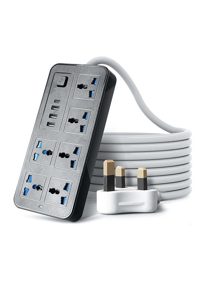 GKK - Universal Extension Lead with Multiple Function,UK Plug 3 Pin Socket Outlet with 6 Gang | 3 USB Port | 1 Type-C Port,200CM Electric Socket Mains Strip for Home,Kitchen,Travel,and Office (Black) - Image 1