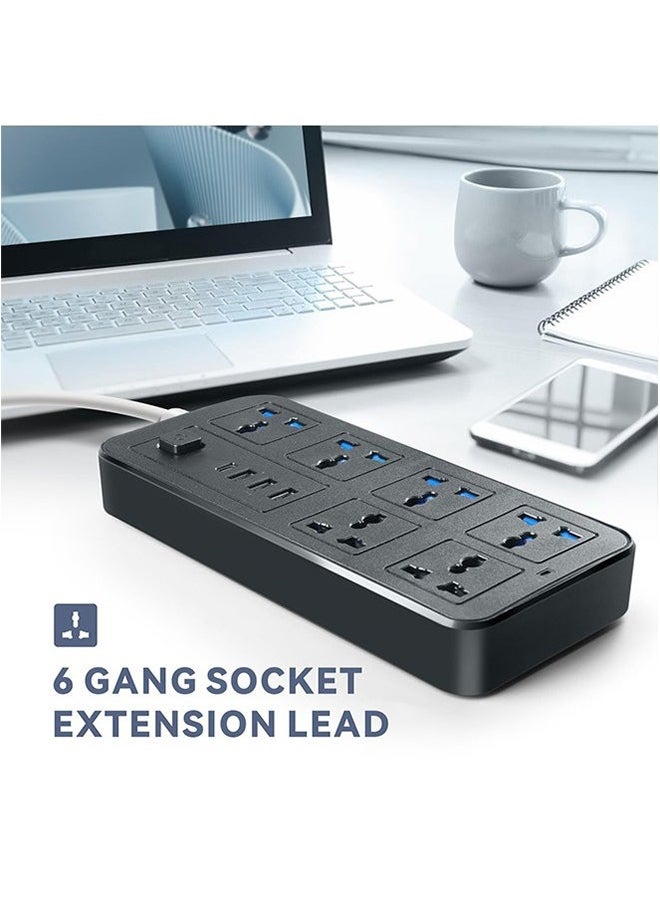 GKK - Universal Extension Lead with Multiple Function,UK Plug 3 Pin Socket Outlet with 6 Gang | 3 USB Port | 1 Type-C Port,200CM Electric Socket Mains Strip for Home,Kitchen,Travel,and Office (Black) - Image 1