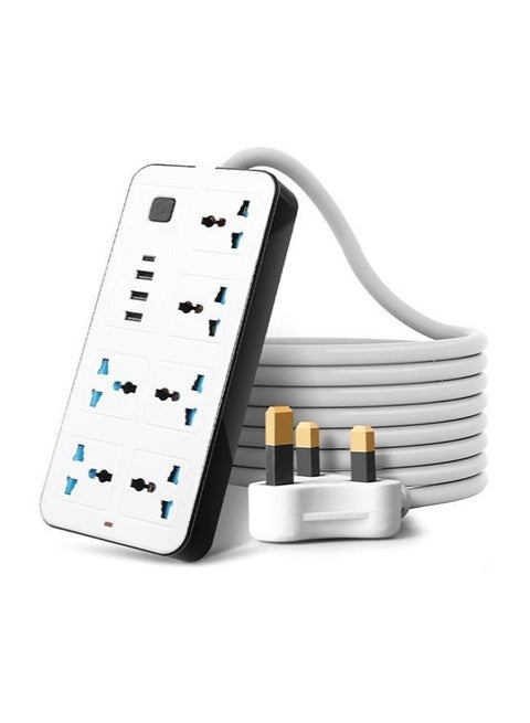 Universal Extension Lead with Multiple Function,UK Plug 3 Pin Socket Outlet with 6 Gang | 3 USB Port | 1 Type-C Port,200CM Electric Socket Mains Strip for Home,Kitchen,Travel,and Office (Black/White)