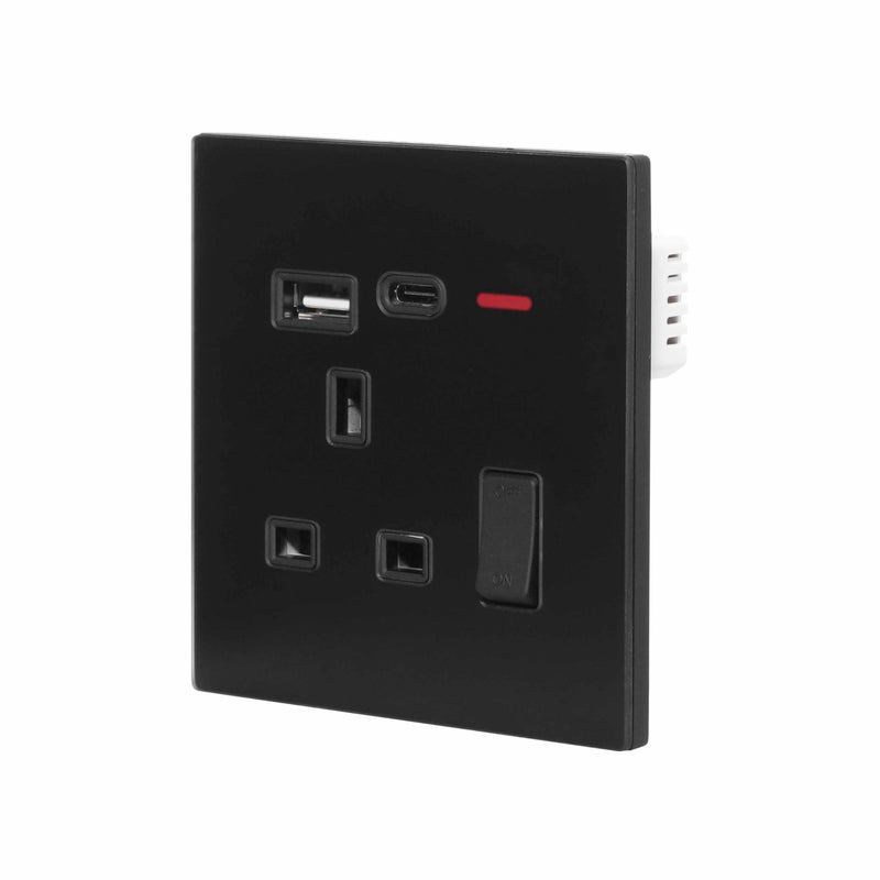 Donmarco مقبس بريطاني مفرد 13A USB + Type-C (5V 3.1A) – زجاج فائق النحافة، مقبس كهربائي مقاوم للحريق، ضمان 3 سنوات، تصميم حديث متعدد الوظائف (أسود غير لامع) | مقبس طاقة حائطي - Image 2
