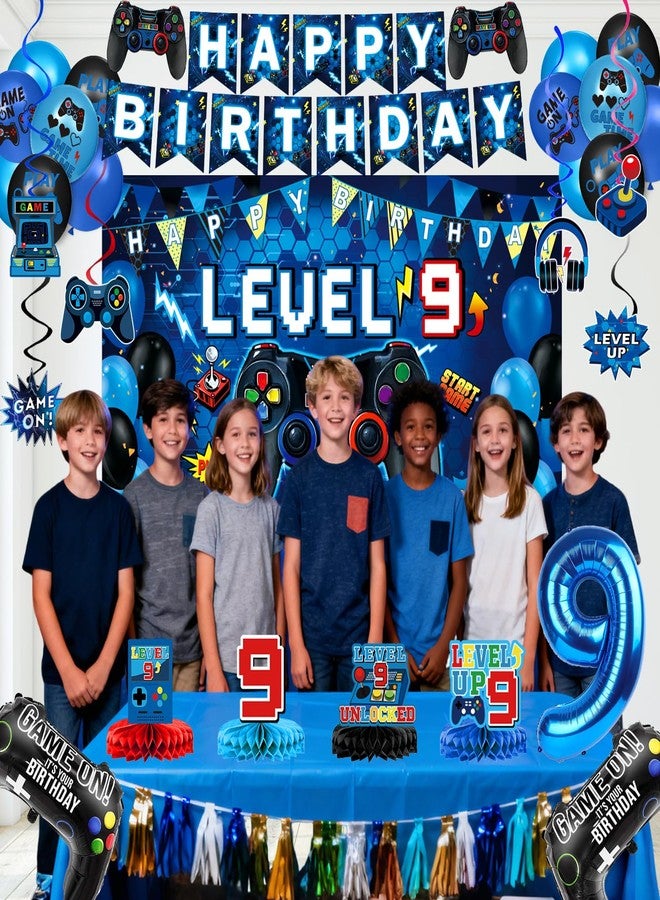 Oigco 9th Birthday Decorations for Boys, Blue Video Game Party Decorations, Level 9 Backdrop, Banner, Hanging Swirls, Honeycomb Centerpieces, Foil & Latex Balloons for 9 Years Old Birthday Decor - Image 4