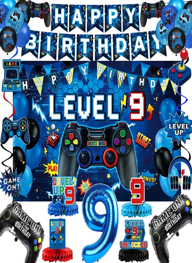 Oigco 9th Birthday Decorations for Boys, Blue Video Game Party Decorations, Level 9 Backdrop, Banner, Hanging Swirls, Honeycomb Centerpieces, Foil & Latex Balloons for 9 Years Old Birthday Decor - Image 1